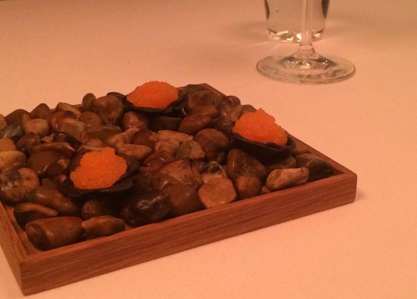 Reindeer blood cracker with vendace roe and sour cream